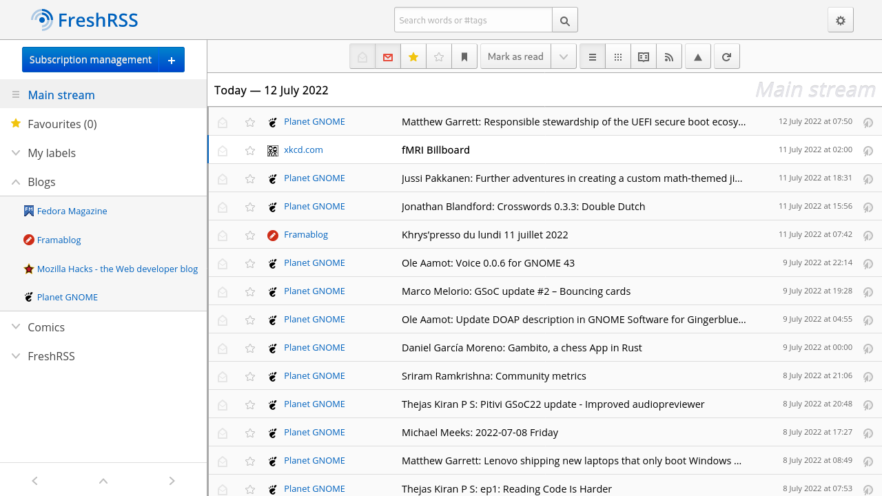 A screenshot showing FreshRSS in action